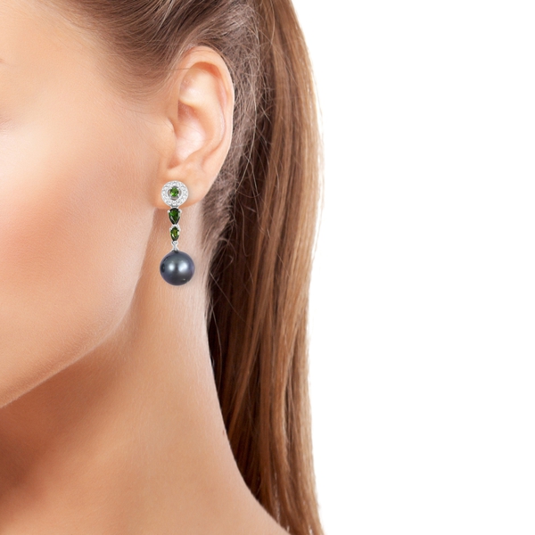 Limited Edition- Very Rare Tahitian Pearl (12-13 mm), Chrome Diopside and Natural White Cambodian Zircon Earrings (with Push Back) in Rhodium Overlay Sterling Silver.