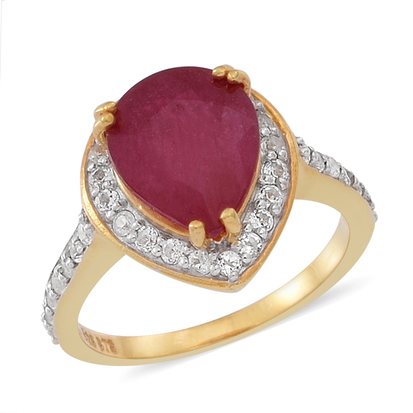 African Ruby (Pear 4.35 Ct), White Topaz Ring in 14K Yellow Gold Overlay Sterling Silver 5.100 Ct.