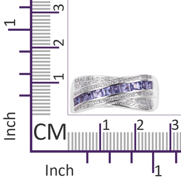 Tanzanite (Sqr), Natural Cambodian White Zircon Ring in Platinum Overlay Sterling Silver 1.280 Ct. Silver wt 6.13 Gms.