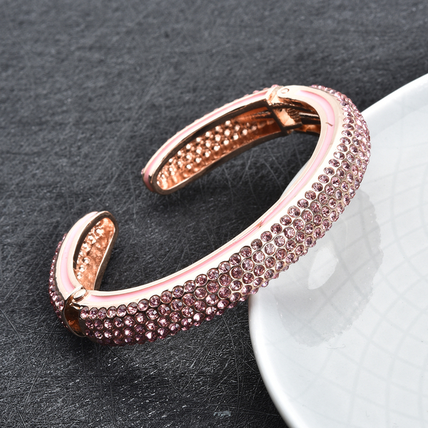 Pink Austrian Crystal Cuff Bangle (Size 7) Enamelled in Rose Gold Tone