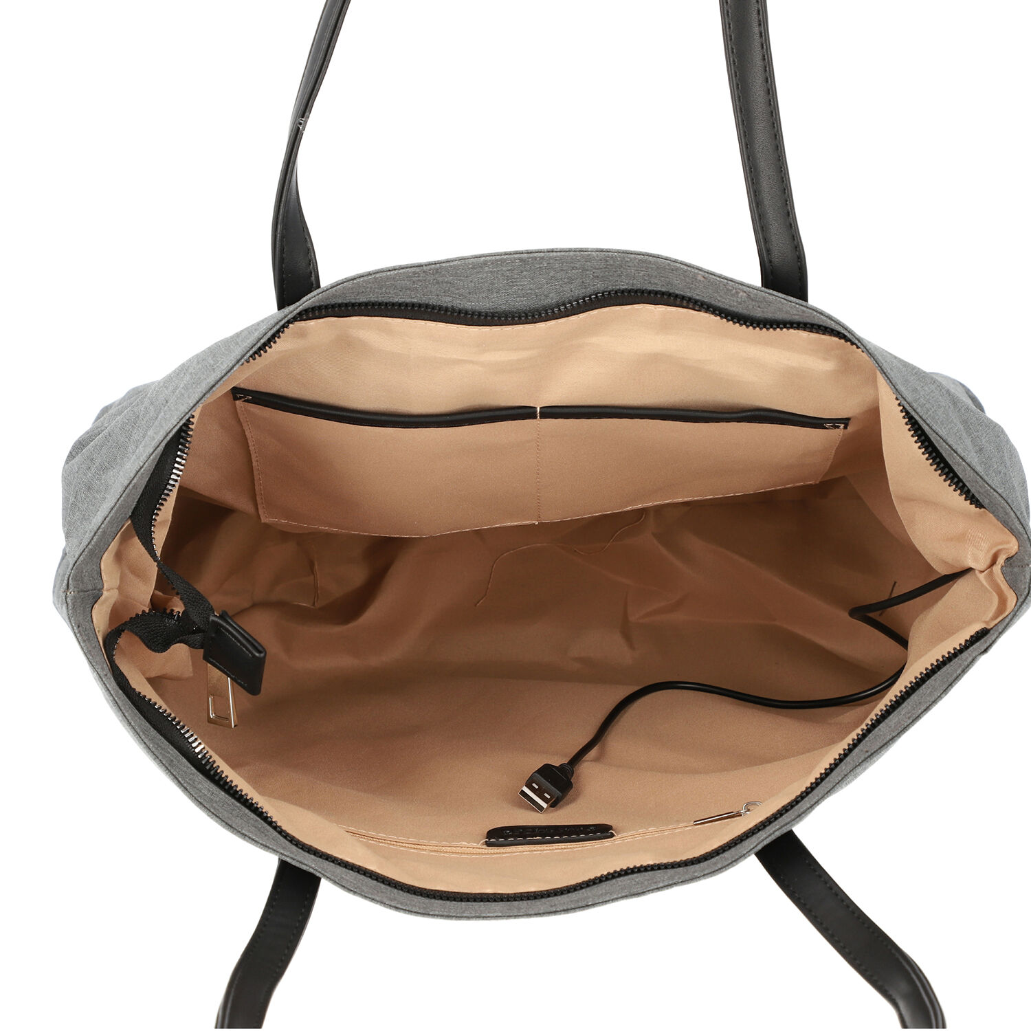 Multi Purpose Zipper Closure Tote Bag (40x13x35cm) with Wristlet (20x12cm) and Power Bank - Grey