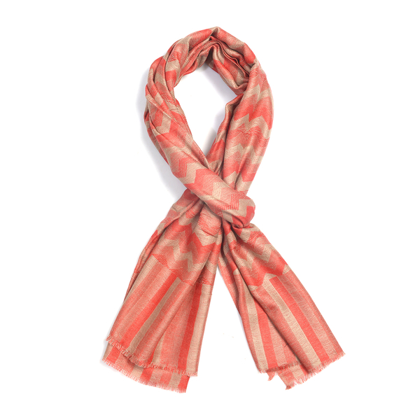100% Cashmere Wool Coral and Off White Colour Chevron Pattern Scarf (Size 180X70 Cm)
