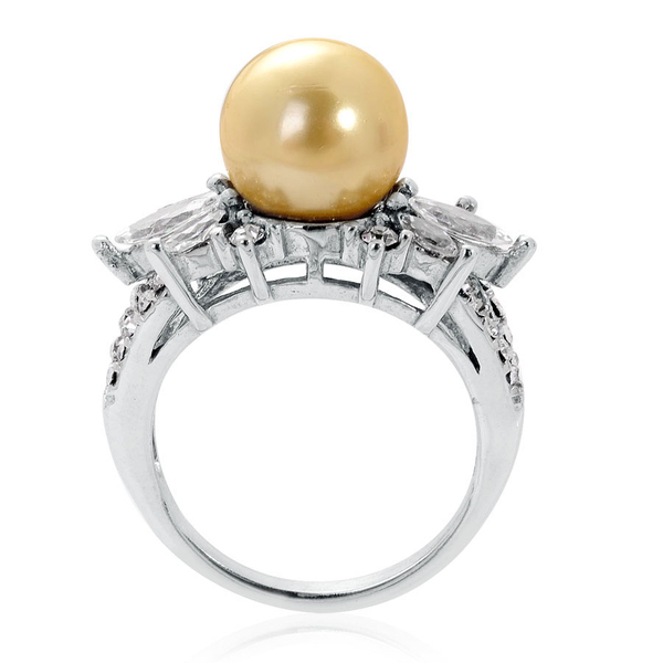 Golden Shell Pearl, White Austrian Crystal Ring and Pendant with Rope Chain in Stainless Steel