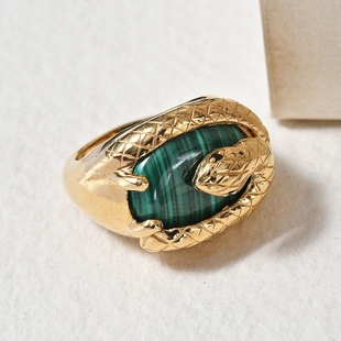 Sundays Child - Malachite and Boi Ploi Black Spinel Snake Ring in 14K Yellow Gold Overlay Sterling S