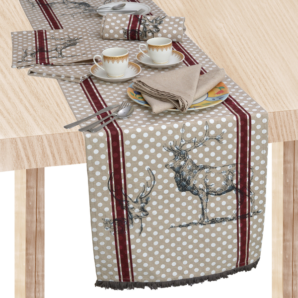 100% Cotton Stag Design Grey, Maroon and White Colour Table Runner (Size 180x45 Cm)