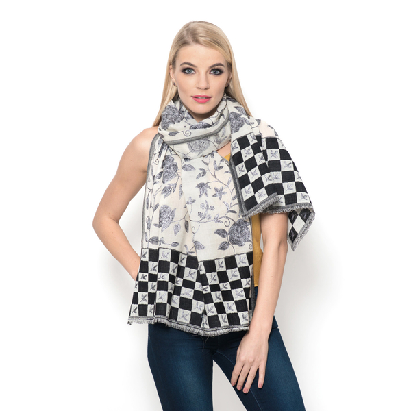 100% Merino Wool Floral, Leaves and Checks Pattern Black, Grey and Beige Colour Shawl  (Size 185x65 