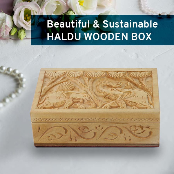 Handmade Elephant Pattern Carved Wooden Storage Box (Size 15x10x5Cm)