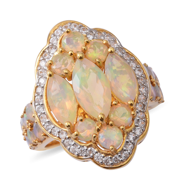 Ethiopian Welo Opal (Mrq 12x6 mm), Natural Cambodian Zircon Ring in Rhodium and Yellow Gold Overlay