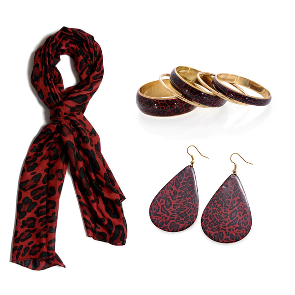 Leopard Print Red Scarf (Size 50x150 Cm) with Bangle and Hook Earrings in Gold Tone