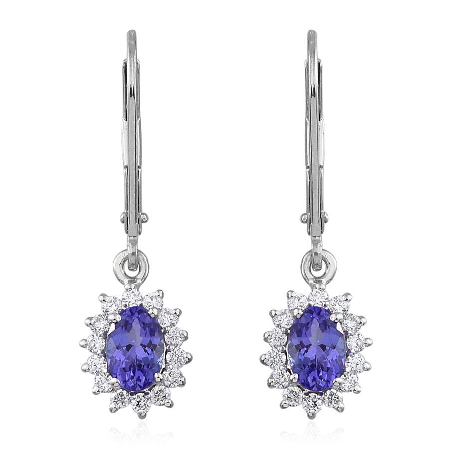 ILIANA 18K White Gold 1.25 Carat AAA Tanzanite Oval Halo Earrings, Diamond SI G-H with Lever Back.