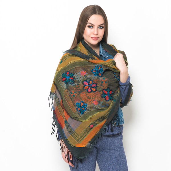 Designer Inspired 100% Merino Wool Flowers Embroidered Yellow Blue and Multi Colour Scarf (180x70 Cm