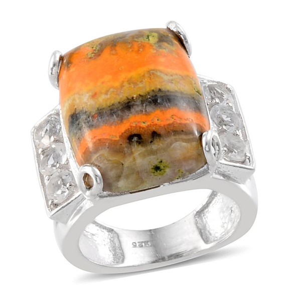 Bumble Bee Jasper (Cush 14.50 Ct), White Topaz Ring in Platinum Overlay Sterling Silver 16.000 Ct.