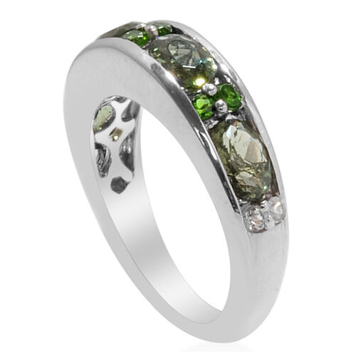 Moldavite (1.36 Ct)Russian DiopsideWhite Topaz Platinum Overlay Sterling Silver Ring   1.750  Ct.