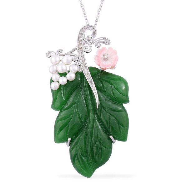 Limited Edition - Rare Hand Carved Green Jade, Pink Mother of Pearl, Fresh Water Pearl and White Zir