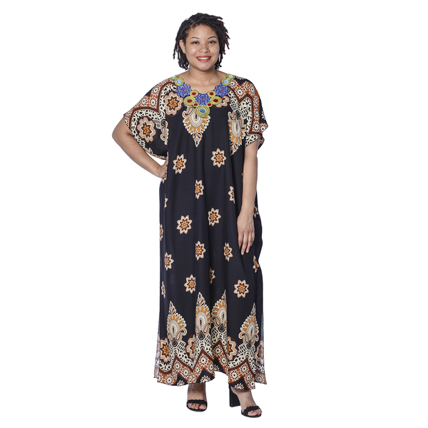 JOVIE Black Bohemian Style Printed Long Dress with Embroidered Neckline