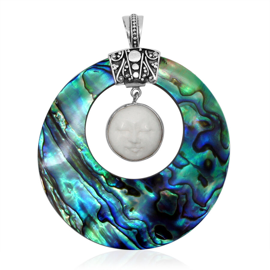 Princess Bali Collection OX Bone Carved Face and Abalone Shell Pendant in Sterling Silver 37.000 Ct.