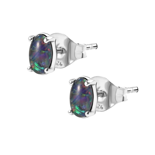 Australian Boulder Opal Triplet Stud Earrings with Push Back in Platinum Overlay Sterling Silver