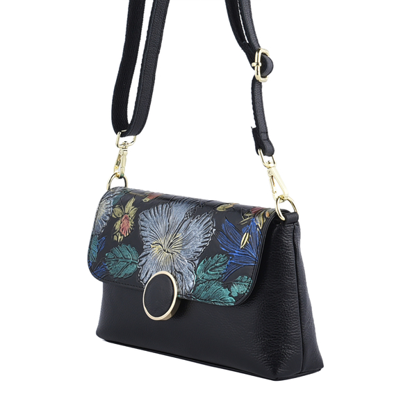 100% Genuine Leather Floral Pattern Crossbody Bag with Shoulder Strap (Size 25x15x7Cm) - Black & Multi