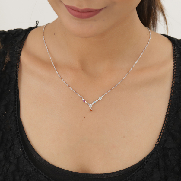 Diamond and Multi Gemstones Necklace (Size - 18 with 2 inch Extender ) in Platinum Overlay Sterling Silver