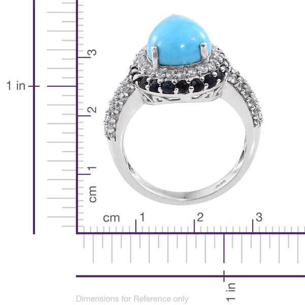 Arizona Sleeping Beauty Turquoise (Pear 4.85 Ct), Natural Cambodian Zircon and Kanchanaburi Blue Sapphire Ring in Platinum Overlay Sterling Silver 7.250 Ct. Silver wt. 5.17 Gms.