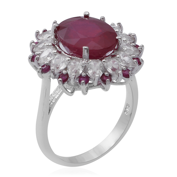 African Ruby (Ovl 6.00 Ct), Natural White Cambodian Zircon and Ruby Flower Ring in Rhodium Plated Sterling Silver 8.750 Ct.