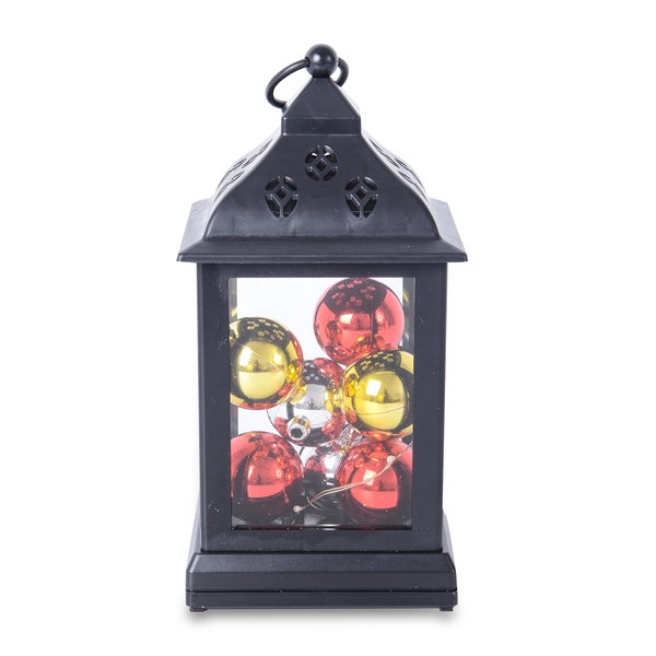 Home Decor - Lantern Filled with 9 Christmas Balls and LED (Size 11x25 Cm) - Black (3xAA Battery not Included)