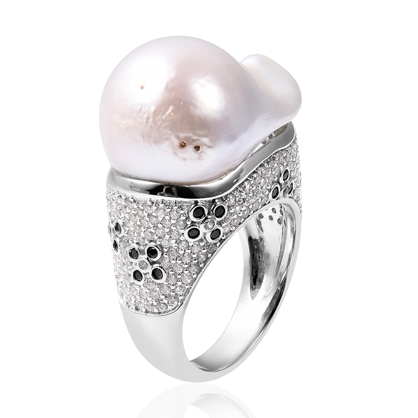 Baroque Fresh Water White Pearl, Natural Cambodian White Zircon and Boi Ploi Black Spinel Ring in Rhodium Overlay Sterling Silver, Silver wt 8.11 Gms