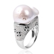 Baroque Fresh Water White Pearl, Natural Cambodian White Zircon and Boi Ploi Black Spinel Ring in Rhodium Overlay Sterling Silver, Silver wt 8.18 Gms