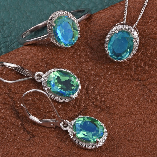 Peacock Quartz (Ovl), Diamond Ring, Pendant with Chain and Lever Back Earrings in Platinum Overlay Sterling Silver 8.020 Ct.