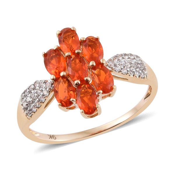 9K Yellow Gold AA Jalisco Fire Opal (Ovl), Natural Cambodian Zircon Ring 1.250 Ct.