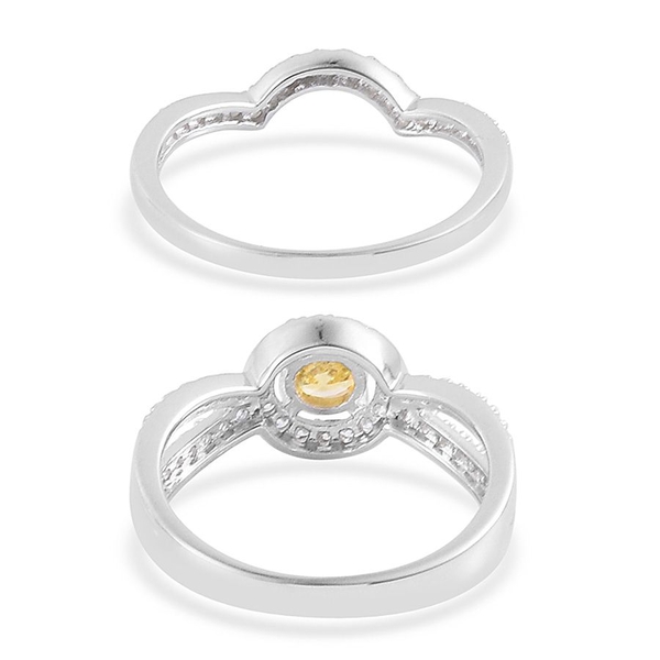 ELANZA AAA Simulated Citrine and Simulated White Diamond 2 Ring Set in Rhodium Plated Sterling Silver