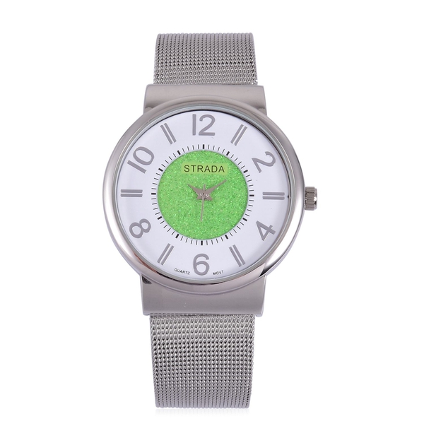 STRADA Japanese Movement Green Stardust and White Dial Water Resistant Watch in Silver Tone with Sta