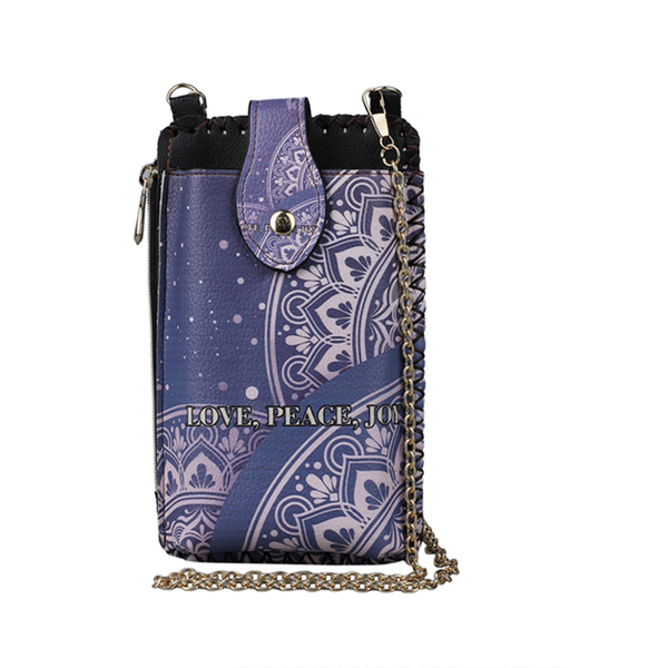 lifestyle-Color Blue ethnic pattern size/Profile cell phone bag wall(exterior) Semi-PU Lining(interior) Pockets(exterior) zipped-1 button-1 Pockets(interior)