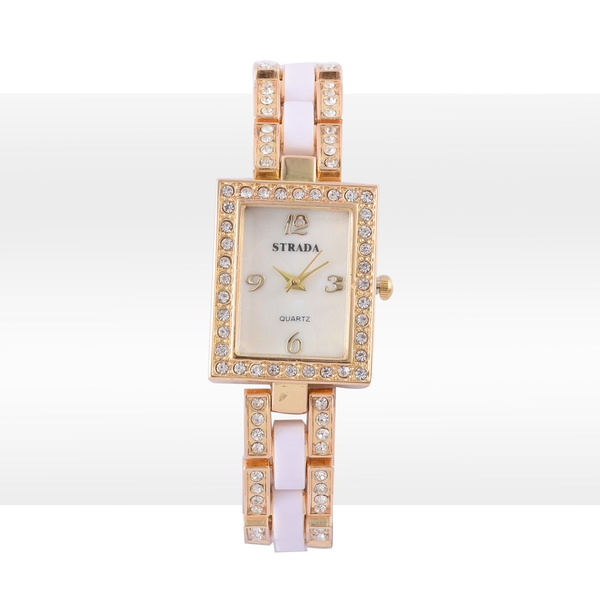 STRADA Japanese Movement White Dial with White Austrian Crystal Water Resistant Watch in Gold Tone with Stainless Steel Back and Golden Strap