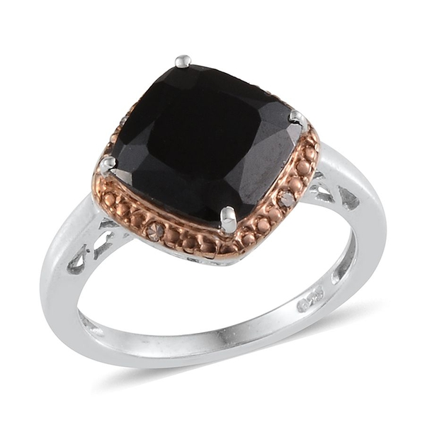 Boi Ploi Black Spinel (Cush 4.00 Ct), Champagne Diamond Ring in Platinum Overlay Sterling Silver 4.0