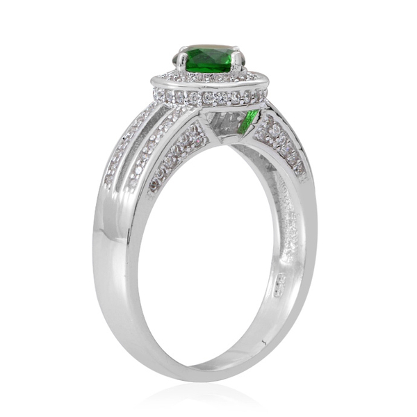 ELANZA AAA Simulated Emerald (Rnd), Simulated White Diamond Ring in Rhodium Plated Sterling Silver