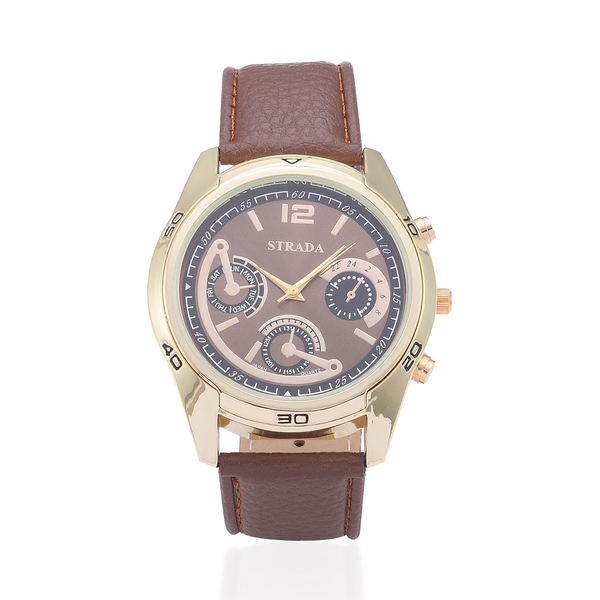 STRADA Japanese Movement Chronograph Look Chocolate Dial Water Resistant Watch in Gold Tone with Sta