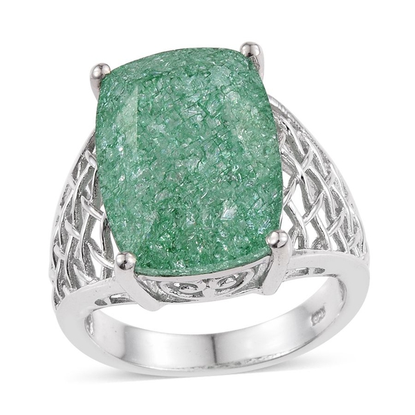 Emerald Green Crackled Quartz (Cush) Ring in Platinum Overlay Sterling Silver 14.750 Ct.