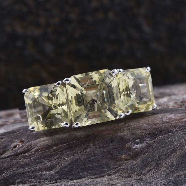 Asscher Cut Natural Ouro Verde Quartz (Oct 2.35 Ct) 3 Stone Ring in Platinum Overlay Sterling Silver 5.750 Ct.