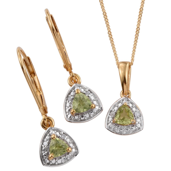 Hebei Peridot (Trl), Diamond Pendant with Chain and Lever Back Earrings in 14K Gold Overlay Sterling