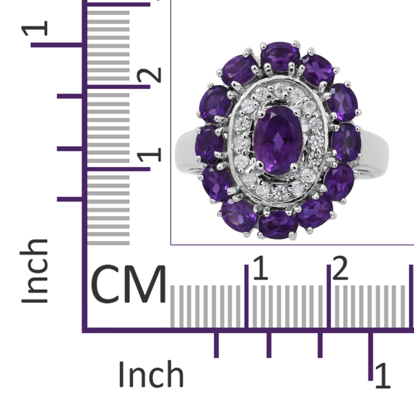 Lusaka Amethyst (Ovl), Natural White Cambodian Zircon Ring in Rhodium Plated Sterling Silver 2.280 Ct. Silver wt 6.74 Gms.