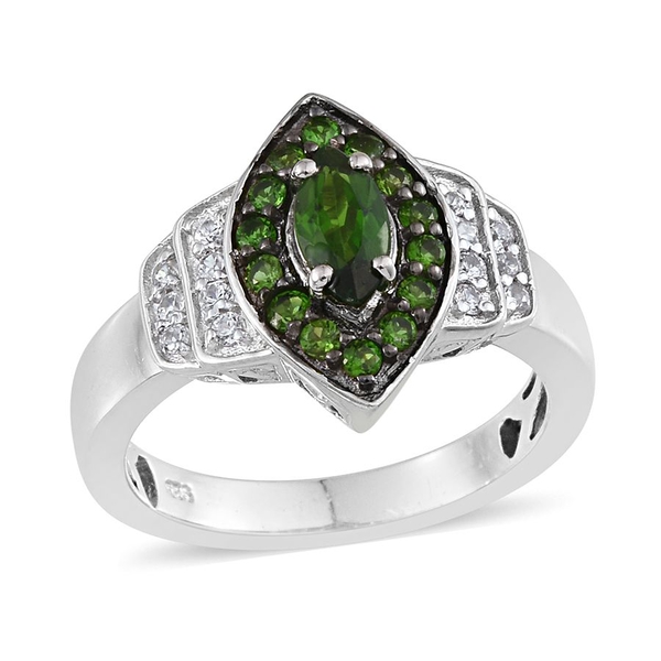Chrome Diopside (Mrq 0.50 Ct), Natural Cambodian Zircon Ring in Platinum Overlay Sterling Silver 1.2