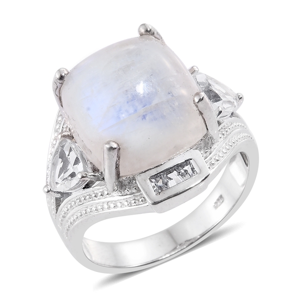 15.25 Ct Rainbow Moonstone and White Topaz Ring in Platinum Plated Silver