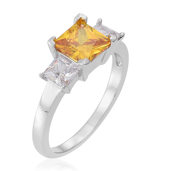 ELANZA AAA Simulated Citrine (Sqr), Simulated White Diamond Ring in Rhodium Plated Sterling Silver