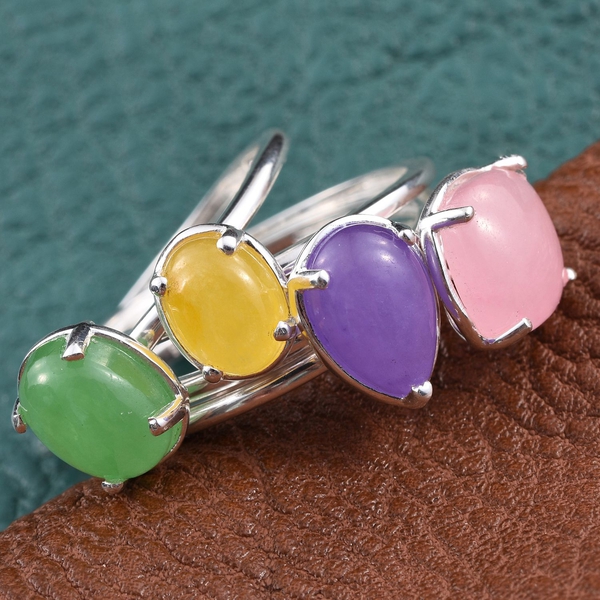 Set of 4 - Pink, Purple, Green and Yellow Jade Ring in Sterling Silver 10.000 Ct.