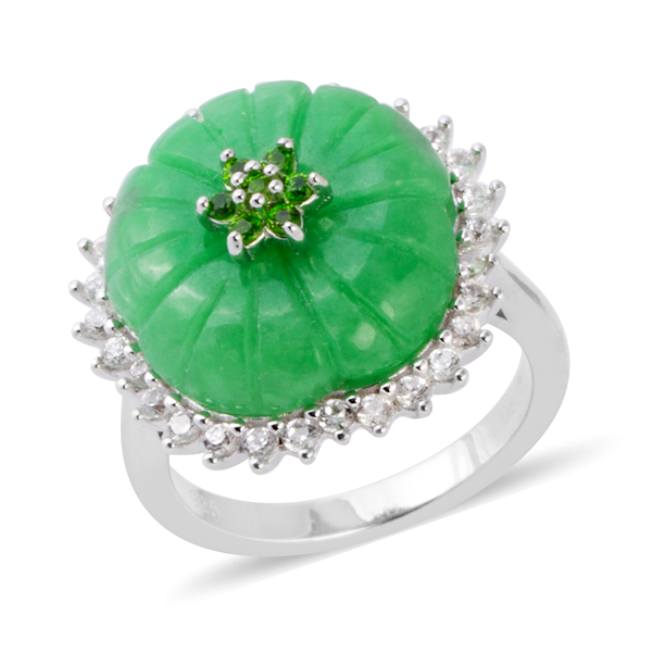10.81 Ct Carved Green Jade Flower Ring in Rhodium Plated Sterling Silver 5 Grams