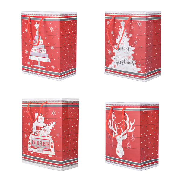 Set of 12 - Christmas Theme Gift Bags & Tags (Large-31x12x42Cm, Medium-26x12x32Cm, Small-18x10x23Cm) - Red, Grey and White
