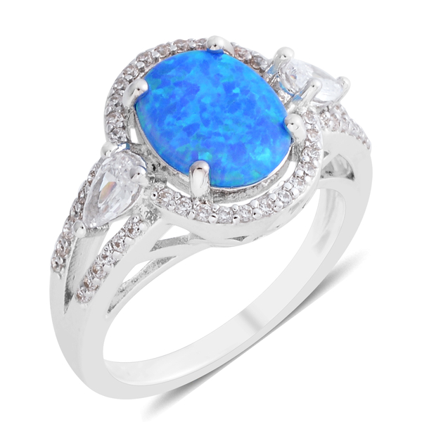 New Concept - Simulated Ocean Blue Opal (Oval), Simulated Diamond Ring in Silver Plated