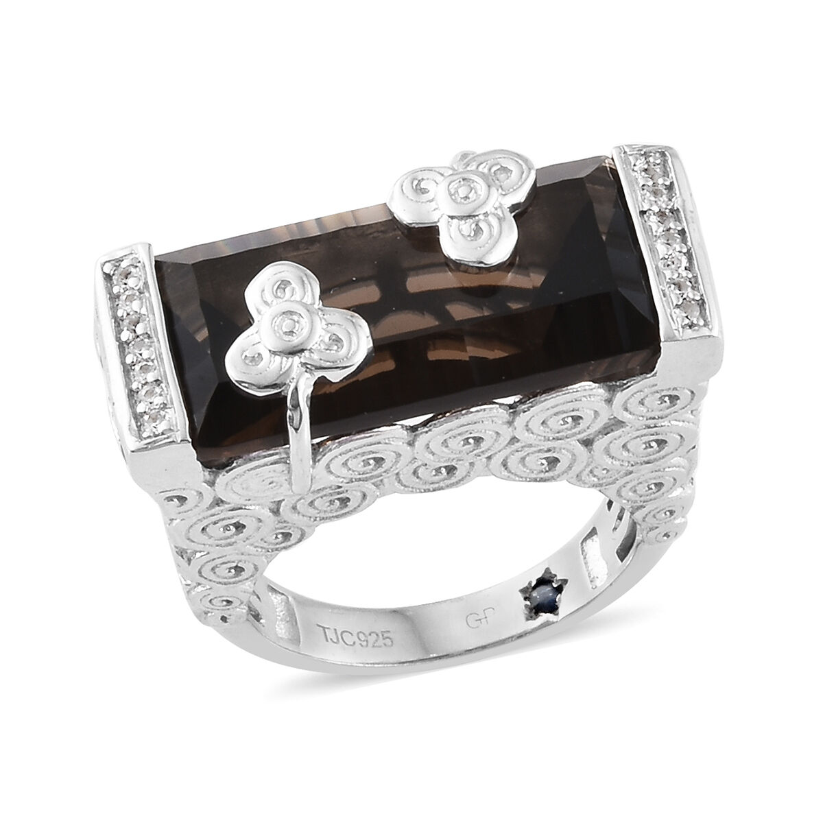 GP 10 Carat Brazilian Smoky Quartz and Multi Gemstone Solitaire Ring in Platinum Plated Silver