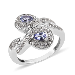 1.24 Ct Tanzanite and Zircon Cross Over Cluster Ring in Platinum Plated Sterling Silver